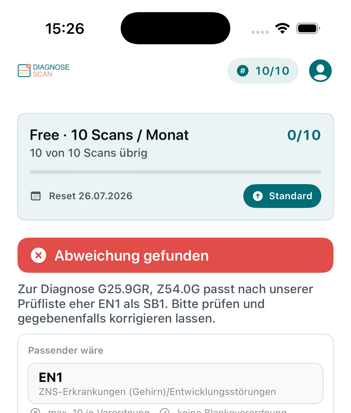App-Screenshot: Ergebnisansicht mit Status